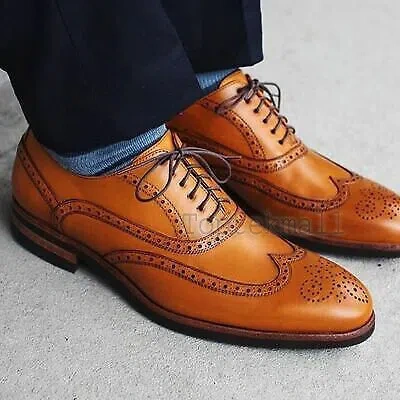 Pre-owned Handmade Men's Leather Oxfords Brown Color Wing Tip Brogues Party Shoes-287
