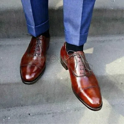 Pre-owned Handmade Men's Leather Oxfords Brown Formal Simple Dress Wingtip Shoes-345