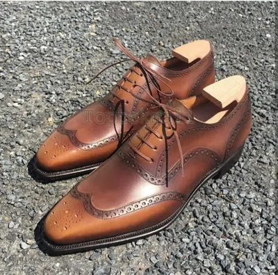 Pre-owned Handmade Men's Leather Oxfords Brown Round Toe Wingtip Dress Formal Shoes-98