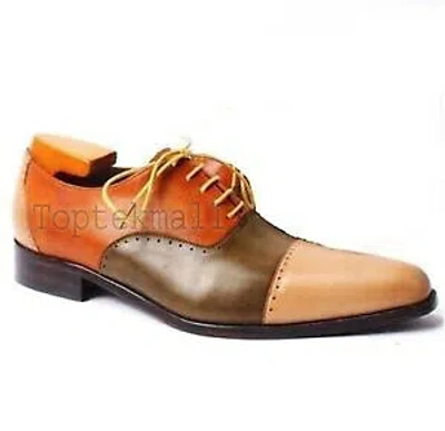 Pre-owned Handmade Men's Leather Oxfords Brown Sole Multicolor Fashion Cap Toe Shoes-747