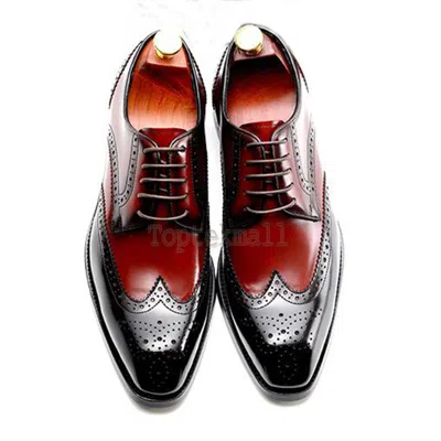 Pre-owned Handmade Men's Leather Oxfords Casual Two Tone Black Red Formal Dress Shoes -295 In Red & Black