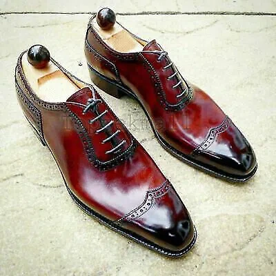 Pre-owned Handmade Men's Leather Oxfords Maroon Burnished Dress Wing Tip Party Shoes-274 In Red