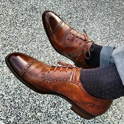 Pre-owned Handmade Men's Leather Oxfords Pointed Toe Lace Up Brogues Wingtip Shoes-355 In Brown
