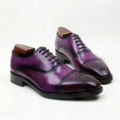 Pre-owned Handmade Men's Leather Oxfords Purple Full Brogue Cap Toe Black Sole Shoes-876