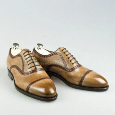 Pre-owned Handmade Men's Leather Oxfords Simple Brogue Lace Up Dress Wingtip Shoes-386 In Beige