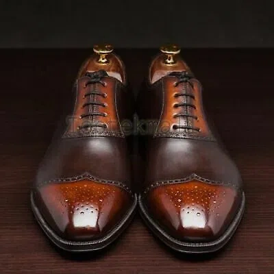 Pre-owned Handmade Men's Leather Oxfords Simple Brogue Lace Up Shaded Wingtip Shoes-350 In Brown