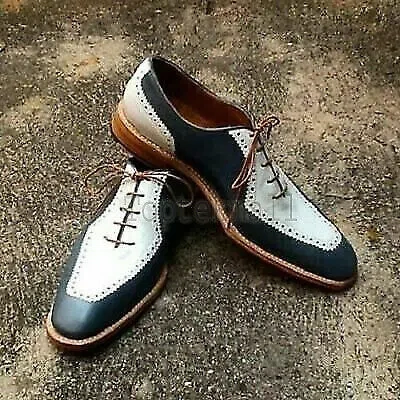 Pre-owned Handmade Men's Leather Oxfords Spectator Black & White Dress Wingtip Shoes-436