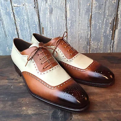 Pre-owned Handmade Men's Leather Oxfords Spectators Two Tone Casual Wingtip Shoes-382 In Brown