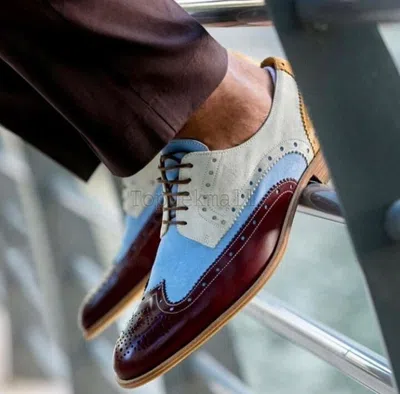 Pre-owned Handmade Men's Leather Oxfords Stylish Three Tone Wingtip Formal Dress Shoes-447 In Multicolor
