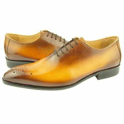 Pre-owned Handmade Men's Leather Oxfords Tan Brown Simple Wingtip Dress Stylish Shoes-448