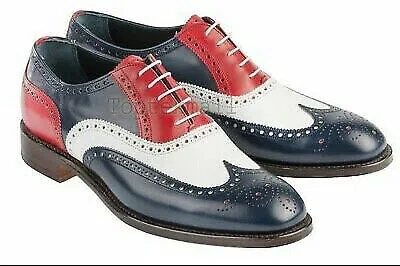 Pre-owned Handmade Men's Leather Oxfords Three Tone Red Black White Premium Shoes-296