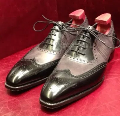 Pre-owned Handmade Men's Leather Oxfords Two Tone Black Wingtip Brogues Fashion Shoes-683 In Brown