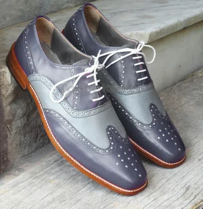 Pre-owned Handmade Men's Leather Oxfords Two Tone Blue Classic Whole Cut Custom Shoes-903