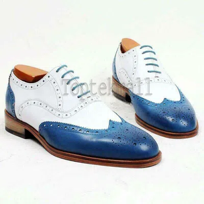 Pre-owned Handmade Men's Leather Oxfords Two Tone Blue White Oxford Brogue Toe Shoes-756