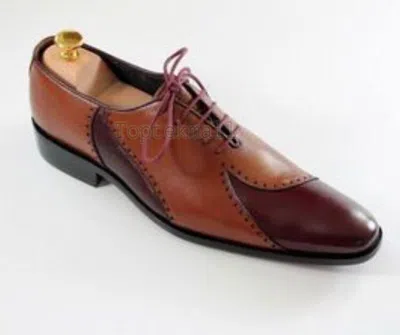 Pre-owned Handmade Men's Leather Oxfords Two Tone Brown And Red Lace-up Formal Shoes-931