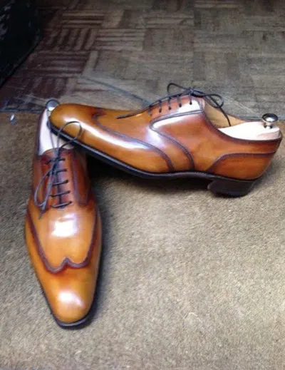 Pre-owned Handmade Men's Leather Oxfords Two Tone Brown Full Brogue Dress Shoes-813