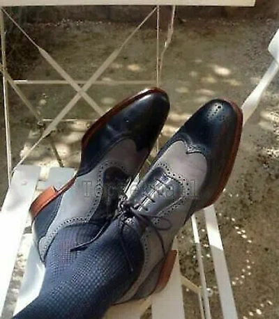 Pre-owned Handmade Men's Leather Oxfords Two Tone Dress Formal Brogues Wingtip Shoes-384 In Multicolor