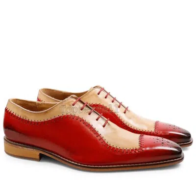 Pre-owned Handmade Men's Leather Oxfords Two Tone Plain Rounded Toe Party Wear Shoes-250