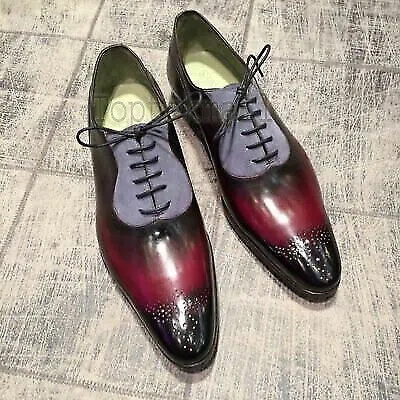 Pre-owned Handmade Men's Leather Oxfords Two Tone Pointed Brogues Toe Lace Up Shoes-693 In Multicolor