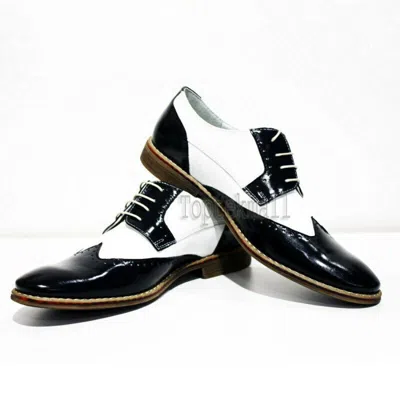 Pre-owned Handmade Men's Leather Oxfords Two Tone White Black Magnificent Plain Shoes-215