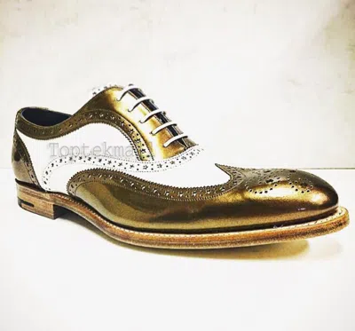 Pre-owned Handmade Men's Leather Oxfords White Golden Wedding Party Wingtip Shoes-155