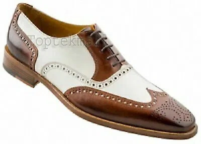 Pre-owned Handmade Men's Leather Oxfords Wing Tip Brogue White Brown Spectator Shoes-248
