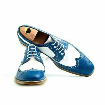 Pre-owned Handmade Men's Leather Oxfords Wingtip Blue And White Two Tone Formal Shoes-917