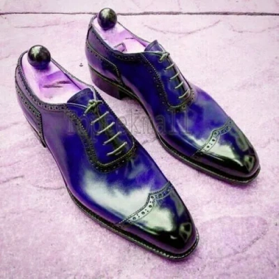 Pre-owned Handmade Men's Leather Oxfords Wingtip Blue Rounded Party Wear Formal Shoes-238