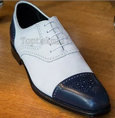 Pre-owned Handmade Men's Leather Oxfords Wingtip Brogues Toe White Blue Two Tone Shoes-14