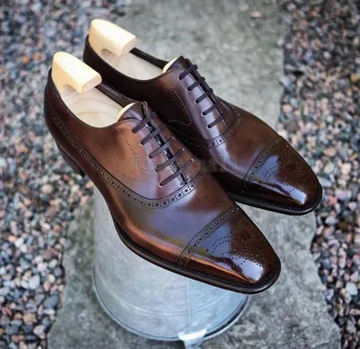Pre-owned Handmade Men's Leather Oxfords Wingtip Brown Lace Up Stylish Dress Shoes-180