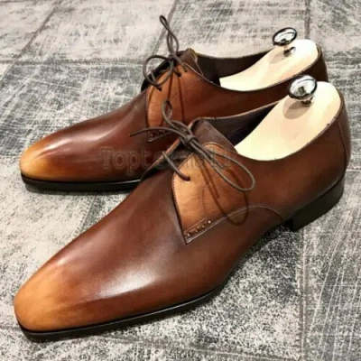 Pre-owned Handmade Men's Leather Oxfords Wingtip Brown Patina Lace Up Formal Shoes-357