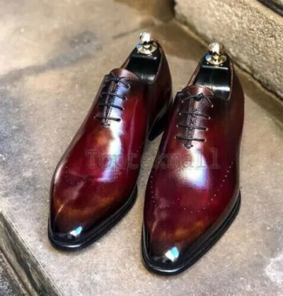 Pre-owned Handmade Men's Leather Oxfords Wingtip Burgundy Lace Up Dress Formal Shoes-363 In Red
