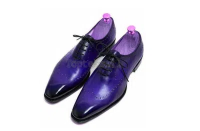 Pre-owned Handmade Men's Leather Oxfords Wingtip Burnished Derby Formal Dress Shoes-327 In Blue
