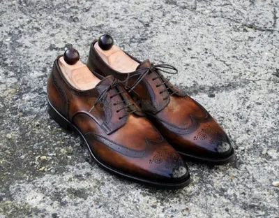 Pre-owned Handmade Men's Leather Oxfords Wingtip Coffee Brown Burnished Brogue Shoes-209