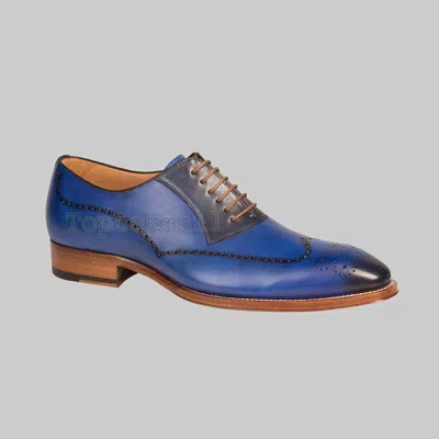 Pre-owned Handmade Men's Leather Oxfords Wingtip Electric Blue Dress Fashion Shoes-86