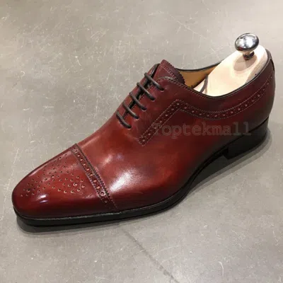 Pre-owned Handmade Men's Leather Oxfords Wingtip Formal Custom Premium Quality Shoes-125 In Red