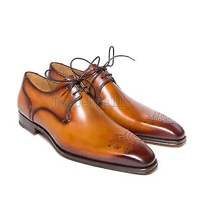 Pre-owned Handmade Men's Leather Oxfords Wingtip Formal Tan Derby Brogue Dress Shoes-57 In Brown