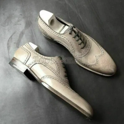 Pre-owned Handmade Men's Leather Oxfords Wingtip Gray Premium Quality Dress Shoes-271 In Silver