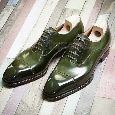 Pre-owned Handmade Men's Leather Oxfords Wingtip Green Color Fashion Cap Toe Shoes-954