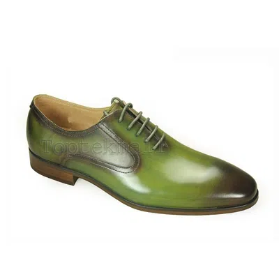 Pre-owned Handmade Men's Leather Oxfords Wingtip Olive Green Burnished Toe Dress Shoes-942