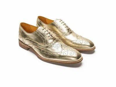 Pre-owned Handmade Men's Leather Oxfords Wingtip Party Premium Silver Brogues Shoes-955