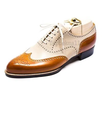 Pre-owned Handmade Men's Leather Oxfords Wingtip Spectator Lace-up Dress Toe Cap Shoes-13 In Two Tone