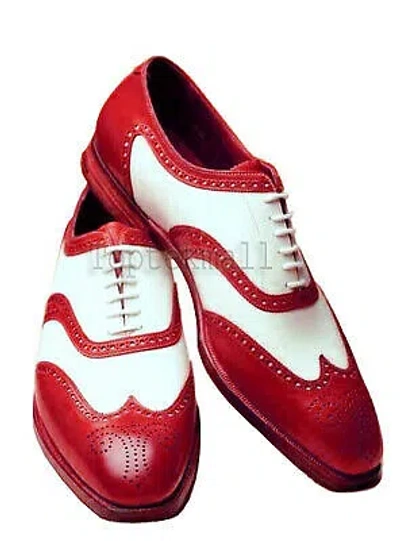 Pre-owned Handmade Men's Leather Oxfords Wingtip Super Style Two Tone Red White Shoes-758