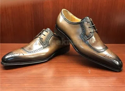 Pre-owned Handmade Men's Leather Oxfords Wingtip Superior Brown Dress Formal Shoes-8
