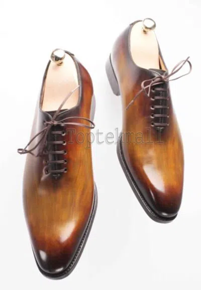 Pre-owned Handmade Men's Leather Oxfords Wingtip Tan Burnished Patina Dress Shoes-863 In Brown