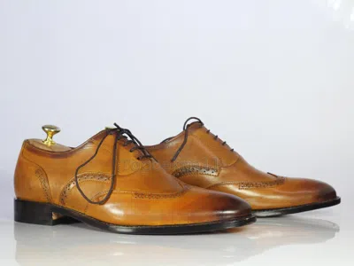 Pre-owned Handmade Men's Leather Oxfords Wingtip Tan Color Lace Up Dress Formal Shoes-77 In Brown