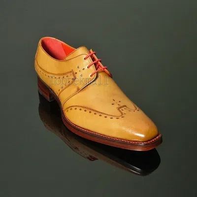 Pre-owned Handmade Men's Leather Oxfords Wingtip Tan Color Stylish Fashion Party Shoes-169 In Brown