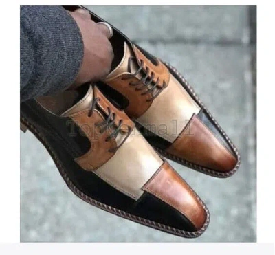 Pre-owned Handmade Men's Leather Oxfords Wingtip Three Tone Dress Lace Up Formal Shoes-112 In Brown