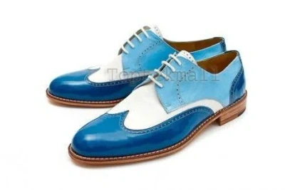Pre-owned Handmade Men's Leather Oxfords Wingtip Two Tone Blue White Plain Dress Shoes-790
