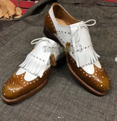 Pre-owned Handmade Men's Leather Oxfords Wingtip Two Tone Brown White Formal Shoes-49